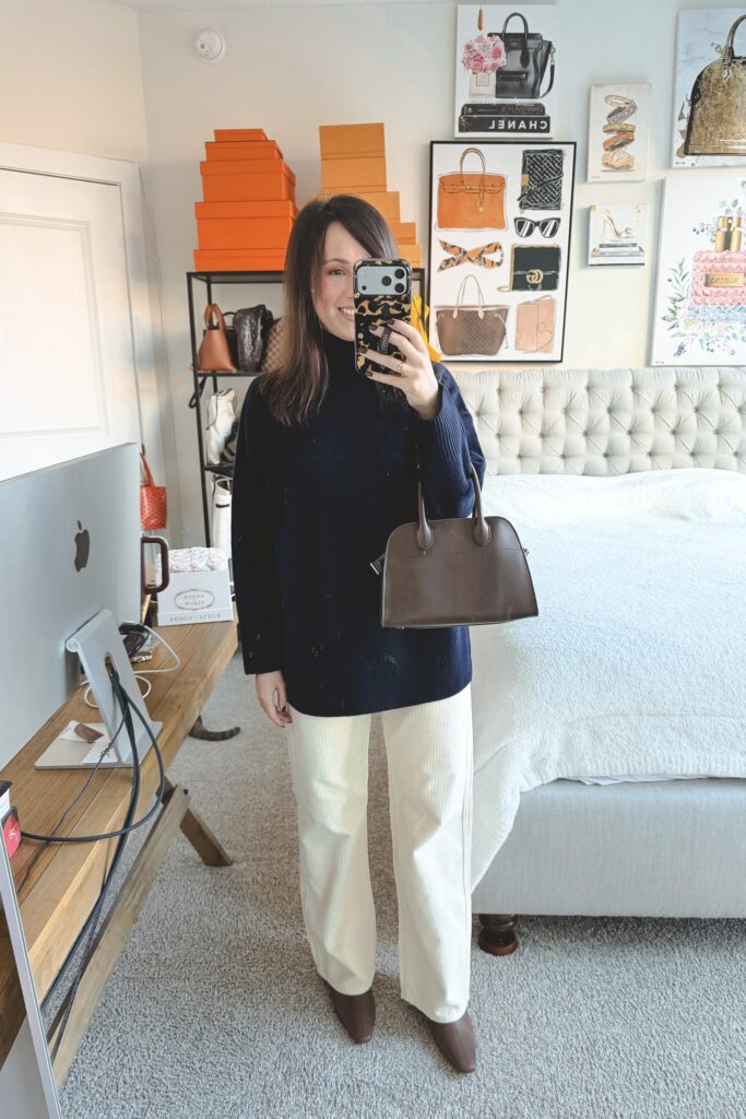 Vince navy turtleneck sweater with dl1961 cream corduroy pants