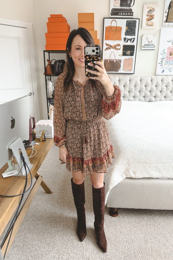 Red dress boutique brown printed dress with marc fisher tarrie suede boots